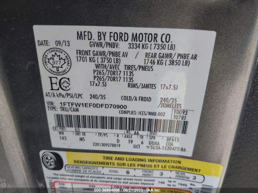 2013 FORD F-150 XL/XLT/FX4/LARIAT - 1FTFW1EF0DFD70900