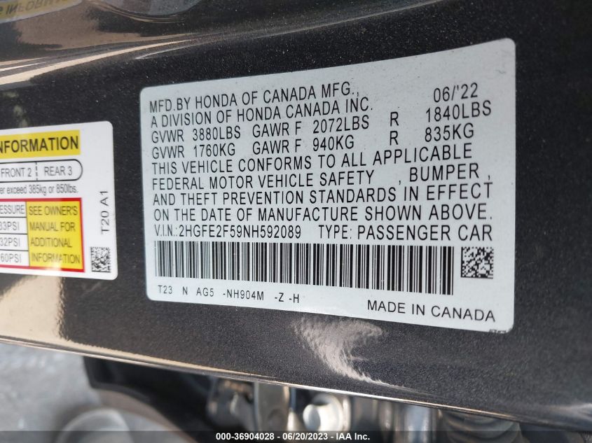 2022 HONDA CIVIC SEDAN SPORT - 2HGFE2F59NH592089