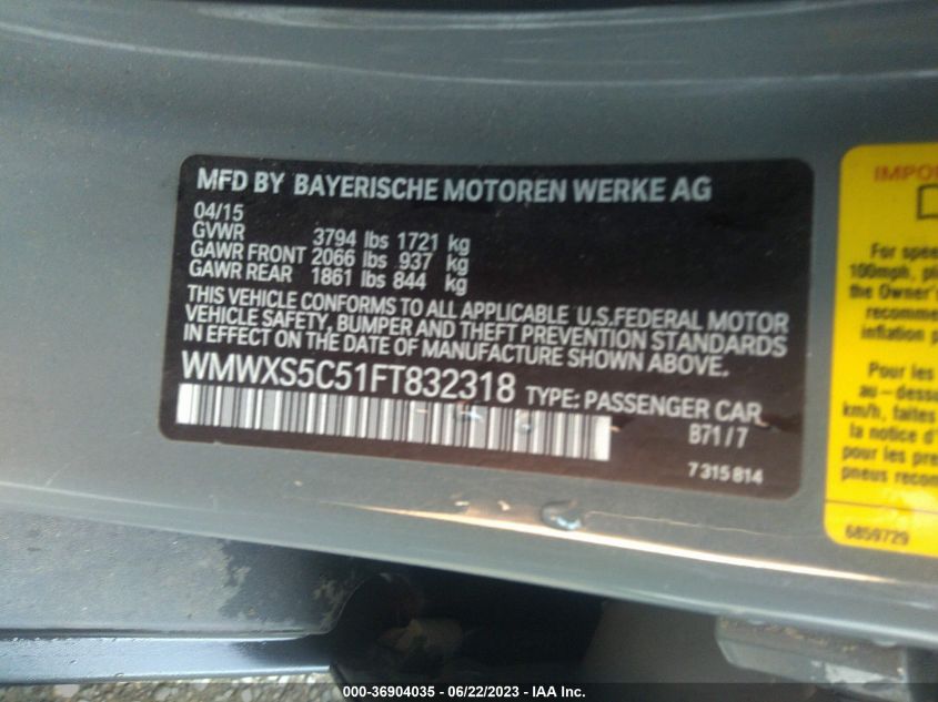 2015 MINI COOPER HARDTOP 4 DOOR WMWXS5C51FT832318