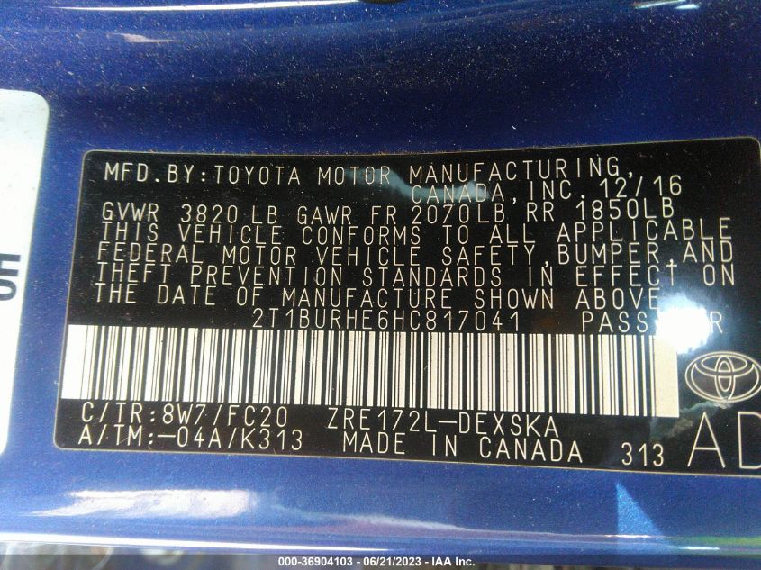 2017 TOYOTA COROLLA L/LE/XLE/SE - 2T1BURHE6HC817041