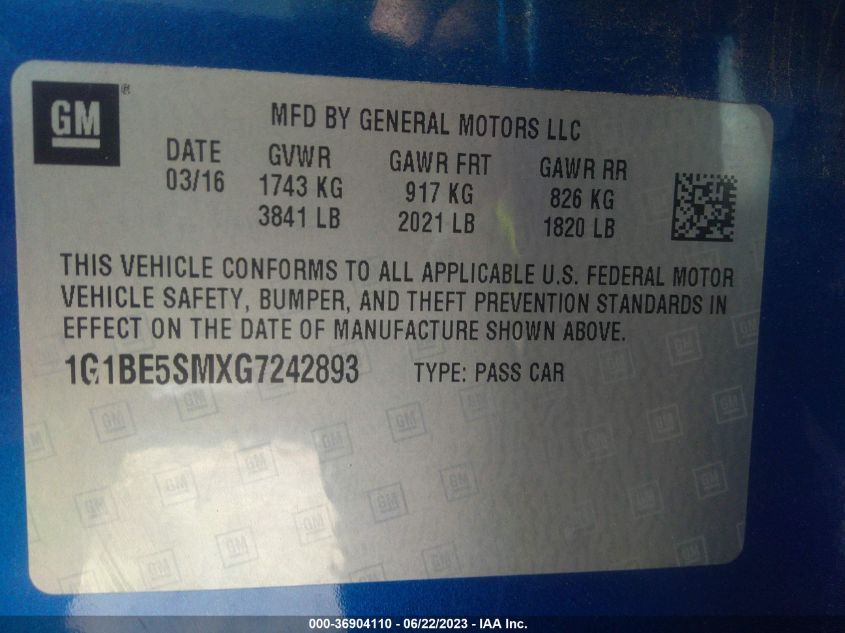 2016 CHEVROLET CRUZE LT - 1G1BE5SMXG7242893