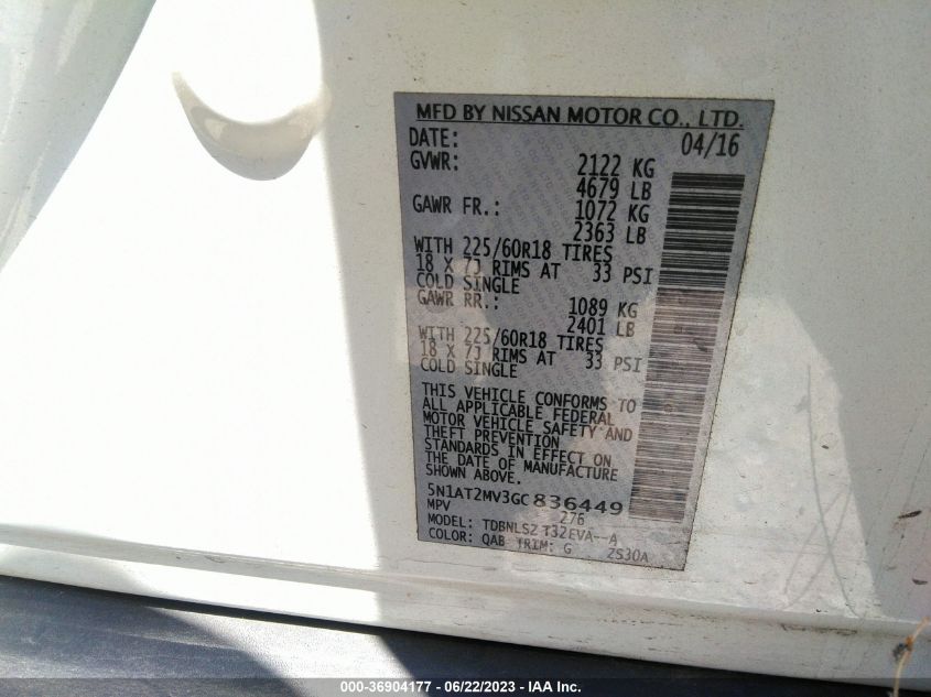2016 NISSAN ROGUE SL - 5N1AT2MV3GC836449