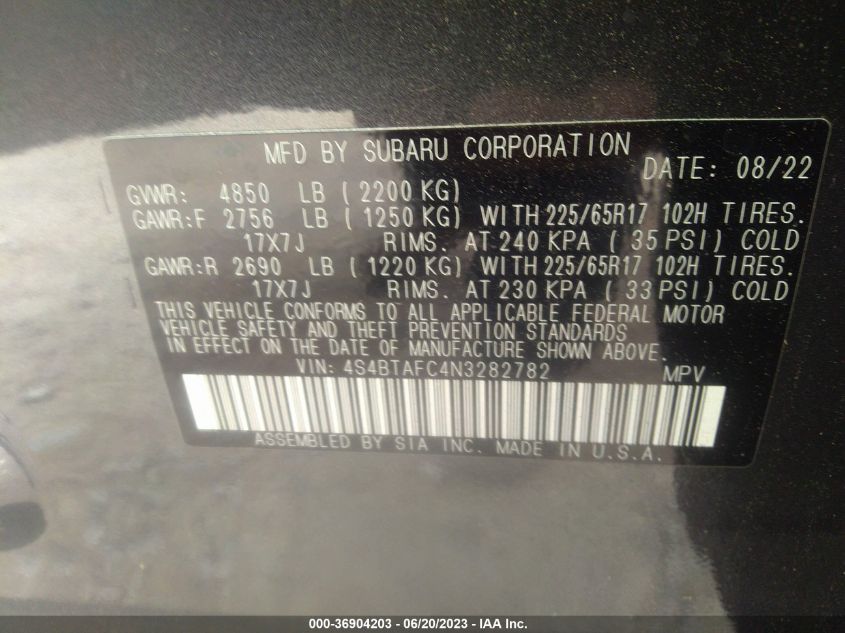 2022 SUBARU OUTBACK PREMIUM - 4S4BTAFC4N3282782
