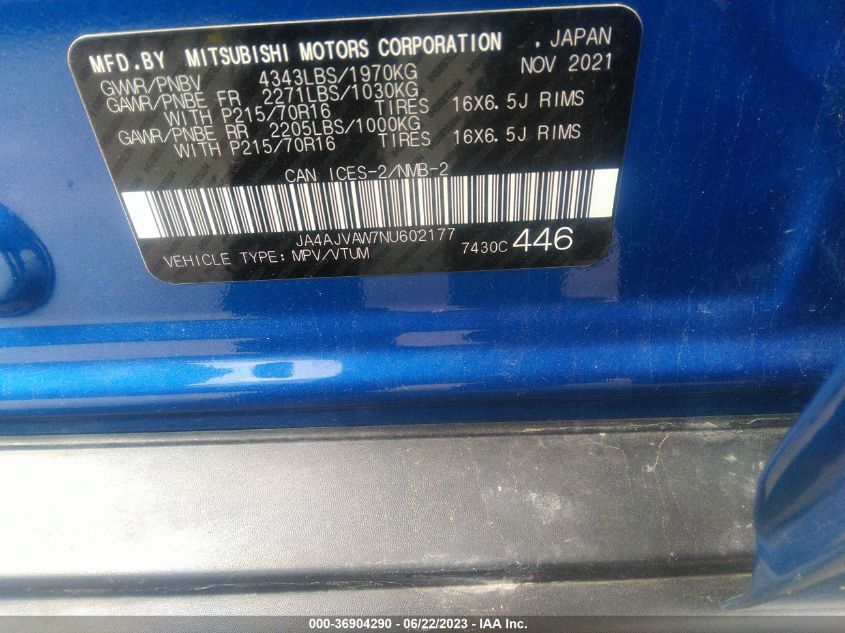2022 MITSUBISHI RVR SE/SEL/LE/GT JA4AJVAW7NU602177