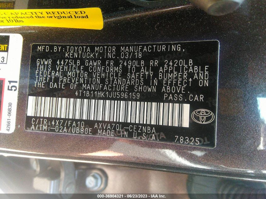 2018 TOYOTA CAMRY LE/SE/XLE/L - 4T1B11HK1JU596159