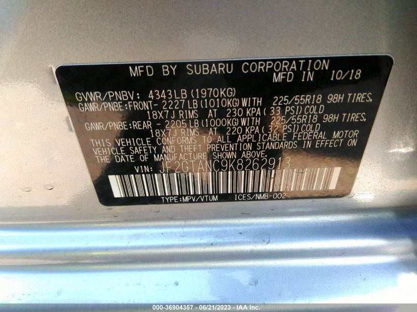 2019 SUBARU CROSSTREK LIMITED - JF2GTANC9K8262913