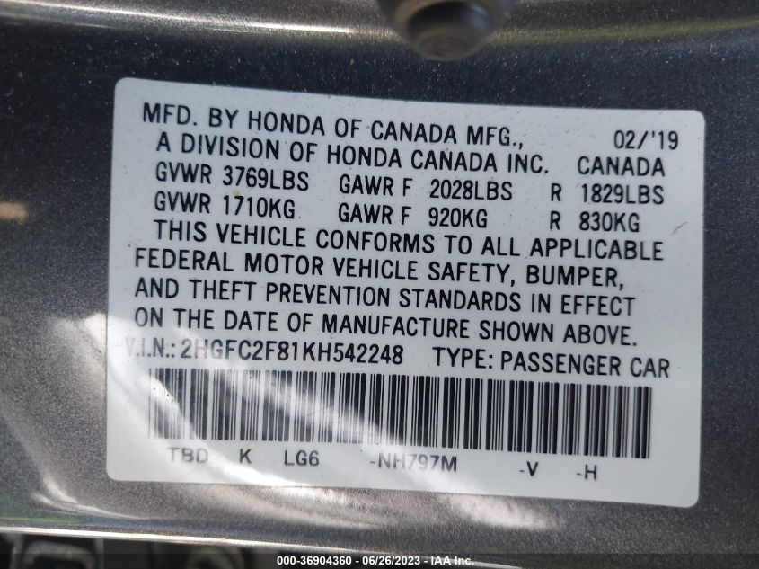 2019 HONDA CIVIC SEDAN SPORT - 2HGFC2F81KH542248