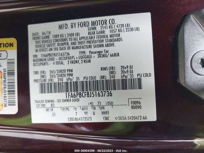 VIN 1FA6P8CF8J5163736 2018 FORD MUSTANG GT