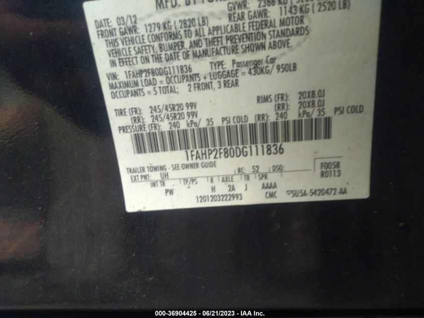 2013 FORD TAURUS LIMITED - 1FAHP2F80DG111836