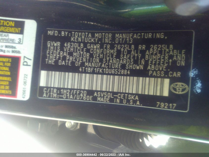 2013 TOYOTA CAMRY L/LE/SE/XLE - 4T1BF1FK1DU652884