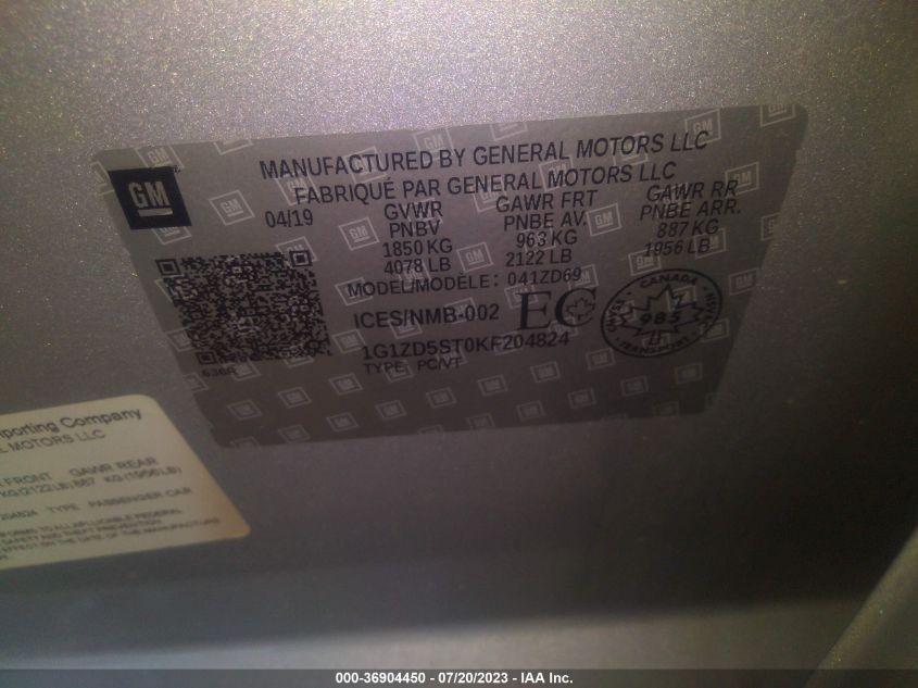 2019 CHEVROLET MALIBU LT - 1G1ZD5ST0KF204824