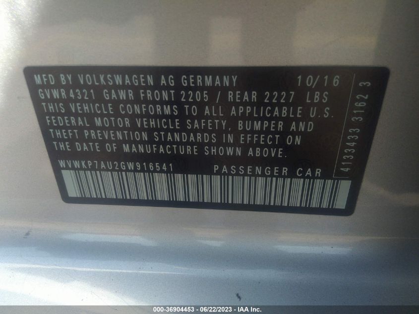 2016 VOLKSWAGEN E-GOLF SE - WVWKP7AU2GW916541