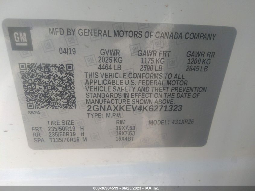 2019 CHEVROLET EQUINOX LT - 2GNAXKEV4K6271323