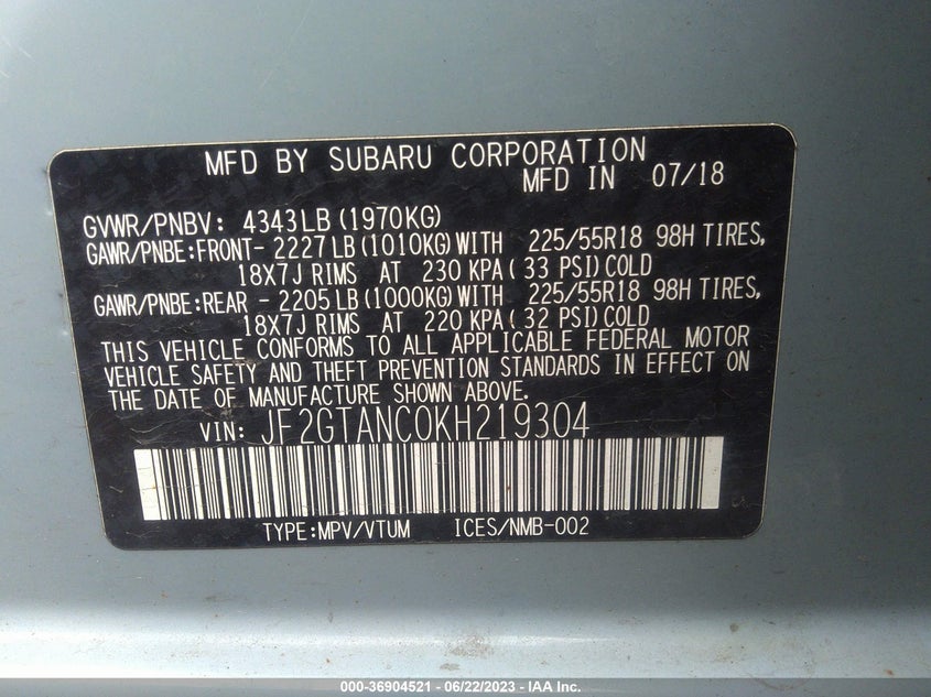 VIN JF2GTANC0KH219304 2019 SUBARU CROSSTREK LIMITED