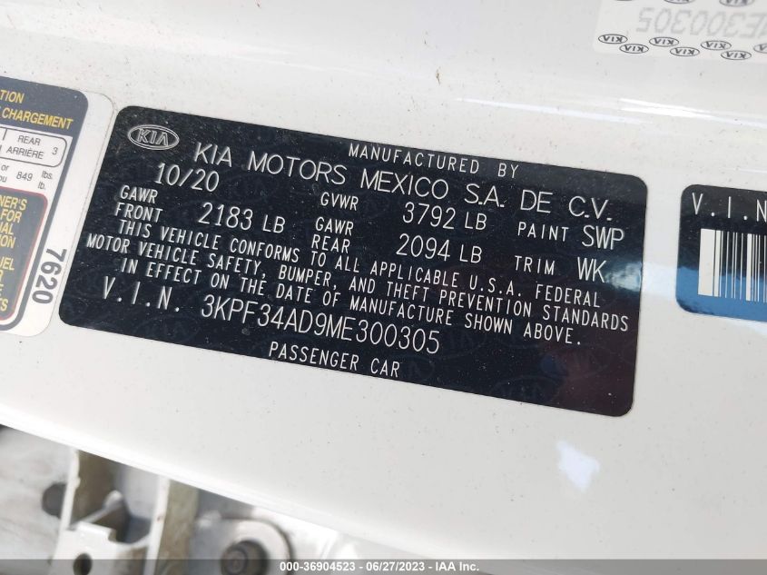 2021 KIA FORTE GT-LINE - 3KPF34AD9ME300305