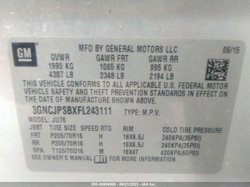 2015 CHEVROLET TRAX LS - 3GNCJPSBXFL243111