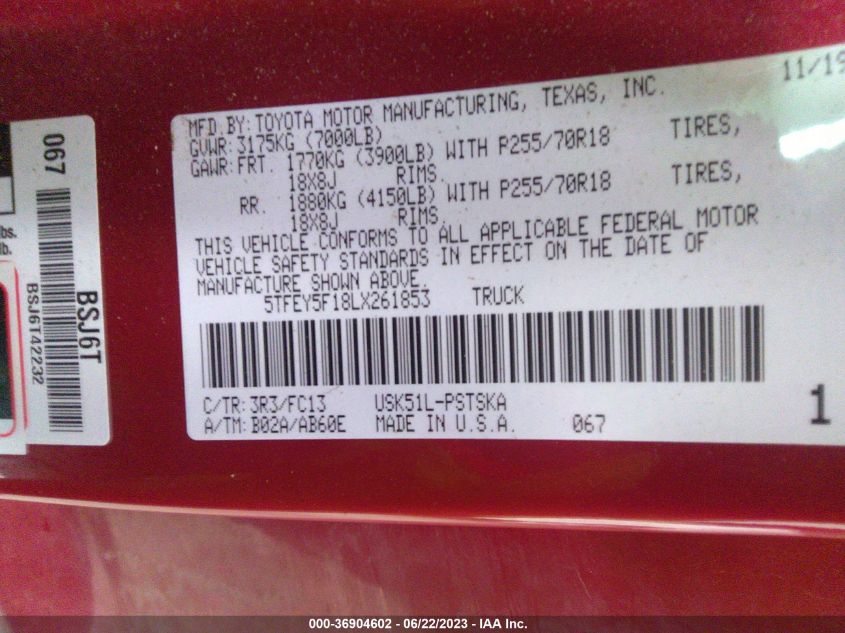 2020 TOYOTA TUNDRA 2WD SR5 5TFEY5F18LX261853
