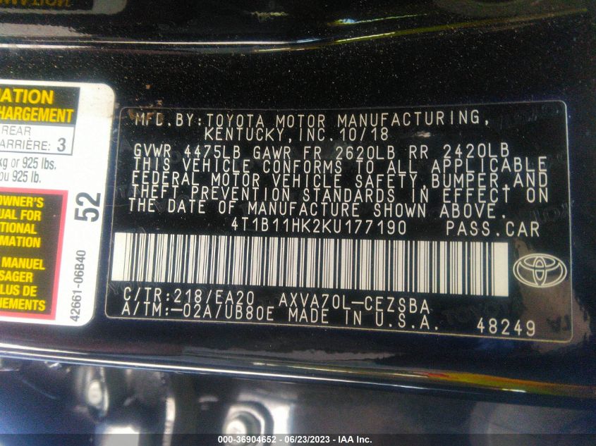 2019 TOYOTA CAMRY L/LE/XLE/SE/XSE - 4T1B11HK2KU177190