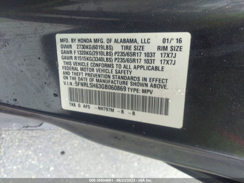 2016 HONDA ODYSSEY EX-L - 5FNRL5H63GB060869