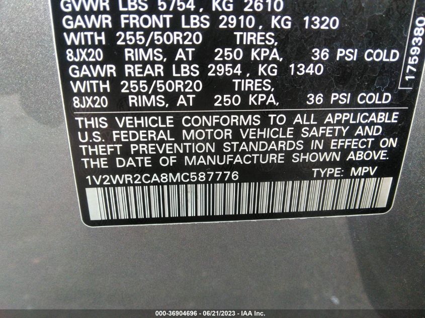 2021 VOLKSWAGEN ATLAS 3.6L V6 SE W/TECHNOLOGY - 1V2WR2CA8MC587776