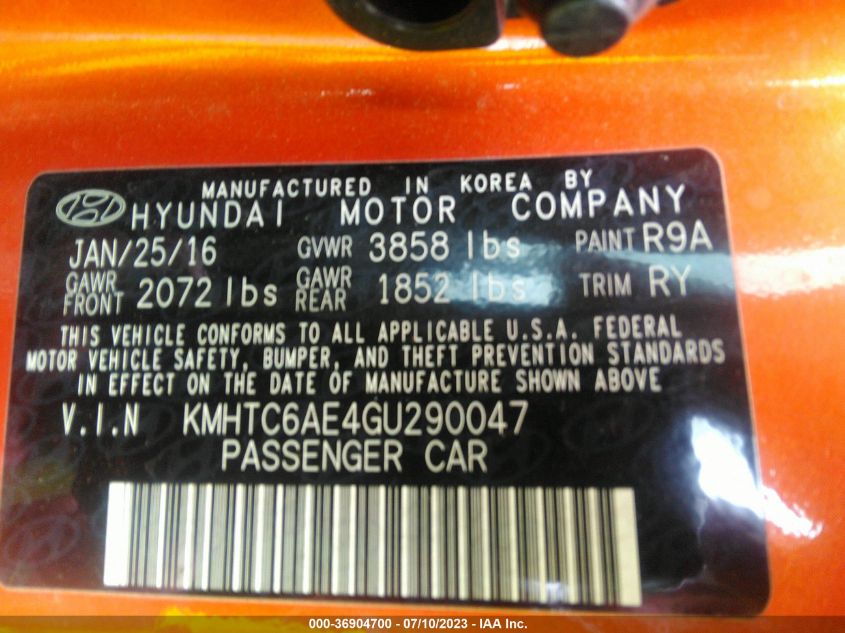 2016 HYUNDAI VELOSTER TURBO - KMHTC6AE4GU290047