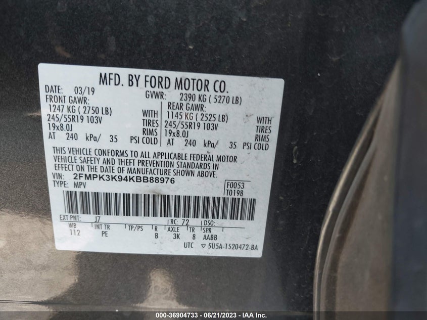VIN 2FMPK3K94KBB88976 2019 FORD EDGE TITANIUM