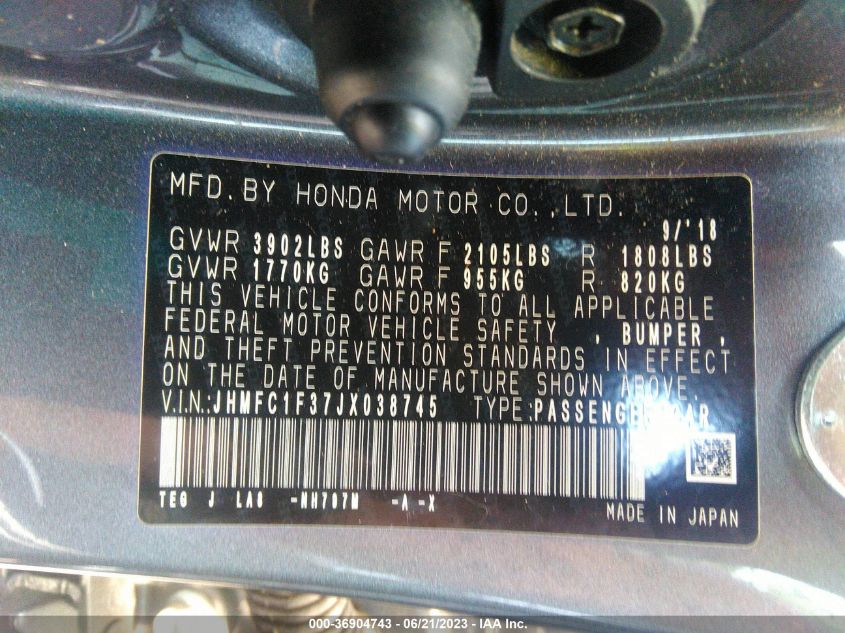 2018 HONDA CIVIC SEDAN EX-T - JHMFC1F37JX038745