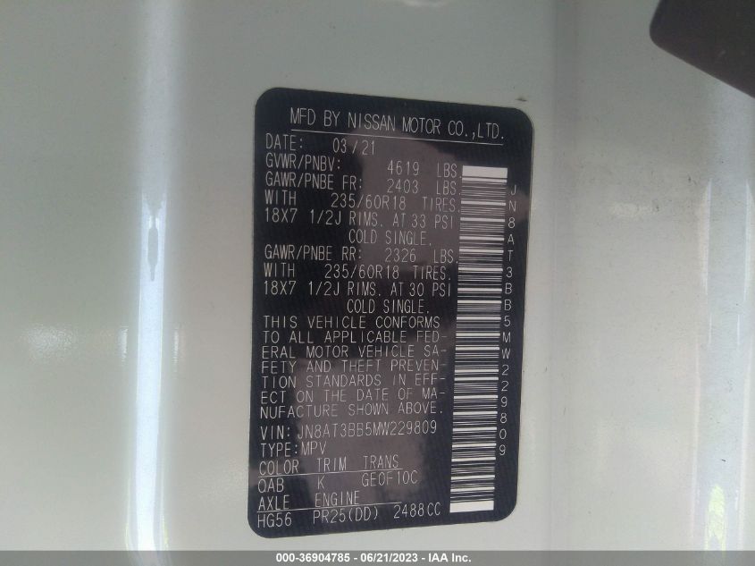 2021 NISSAN ROGUE SV - JN8AT3BB5MW229809