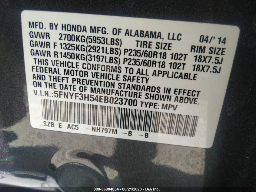 2014 HONDA PILOT EXL - 5FNYF3H54EB023700