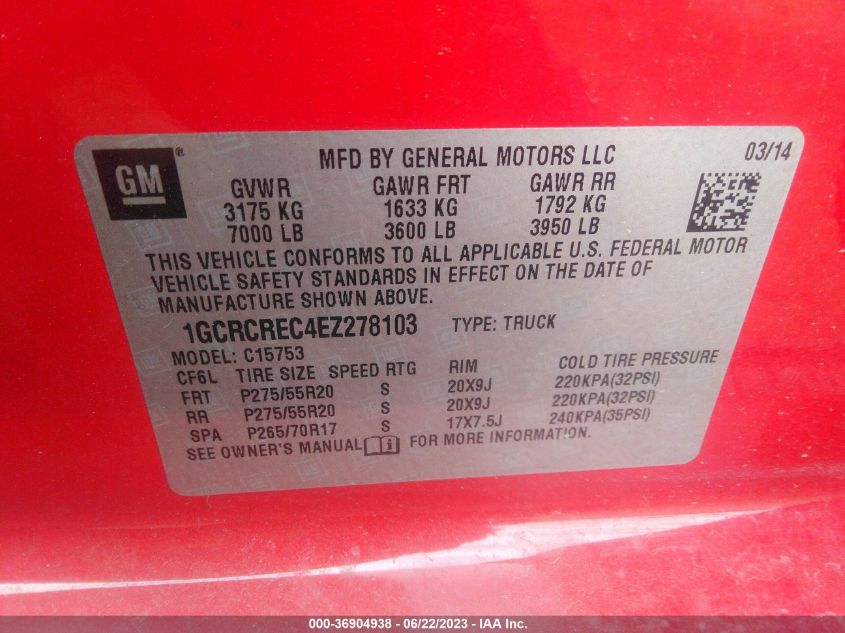 2014 CHEVROLET SILVERADO 1500 LT - 1GCRCREC4EZ278103