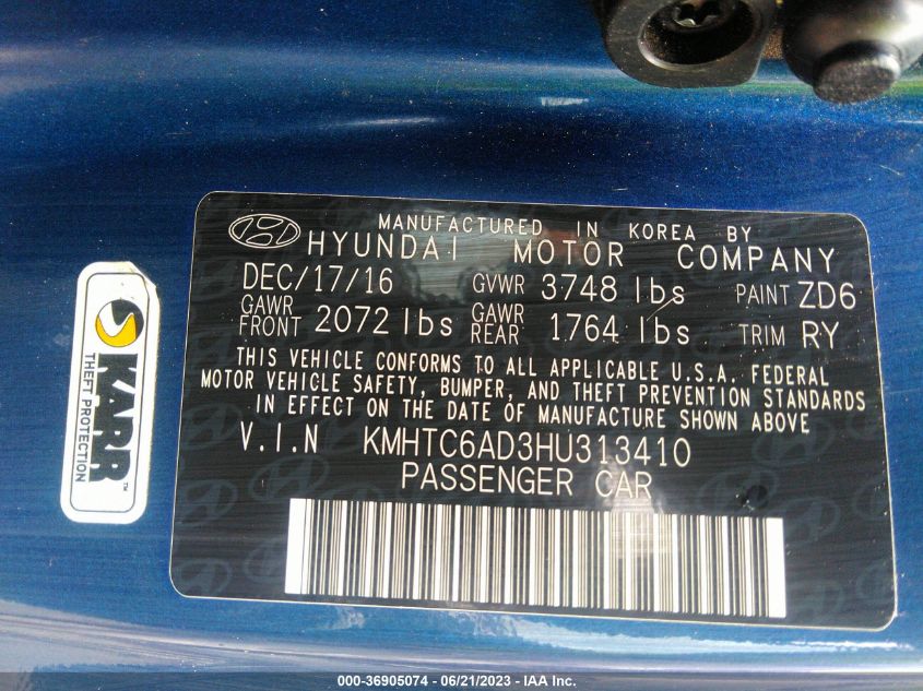 2017 HYUNDAI VELOSTER VALUE EDITION - KMHTC6AD3HU313410