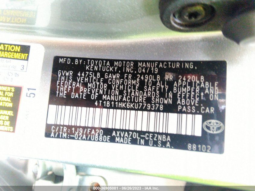 2019 TOYOTA CAMRY LE/SE/XLE/L - 4T1B11HK6KU779378