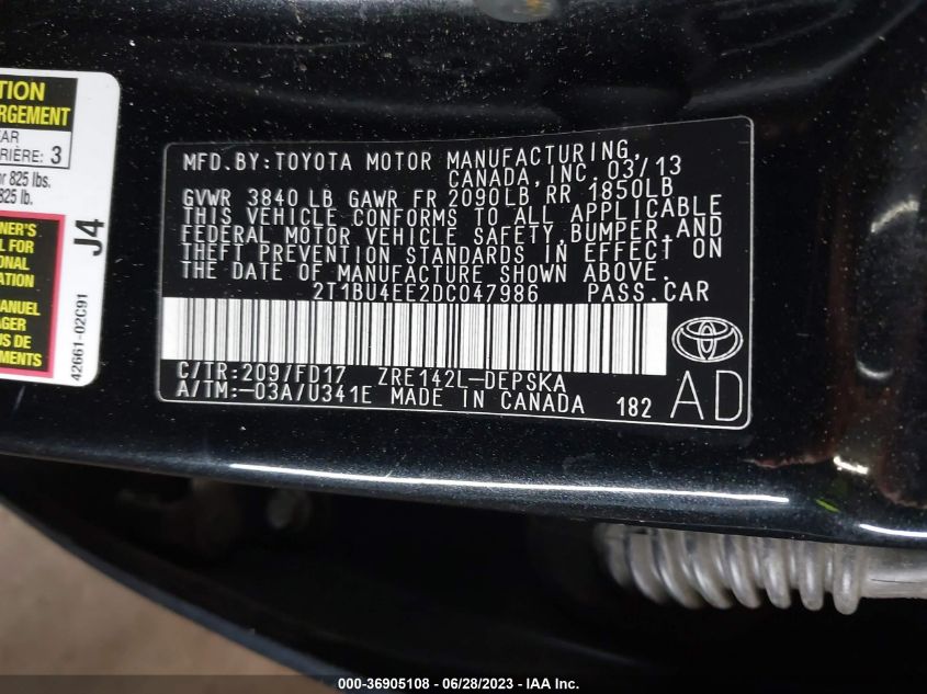 2013 TOYOTA COROLLA L/LE/S - 2T1BU4EE2DC047986