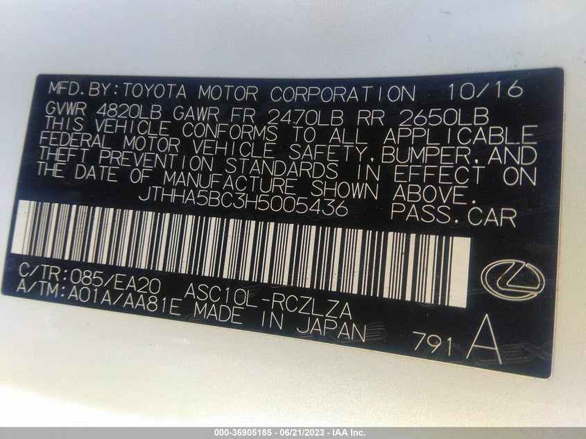 VIN JTHAA58C3H5005436 2017 LEXUS RC 200T