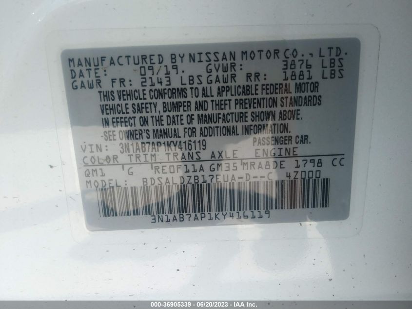 2019 NISSAN SENTRA SV - 3N1AB7AP1KY416119