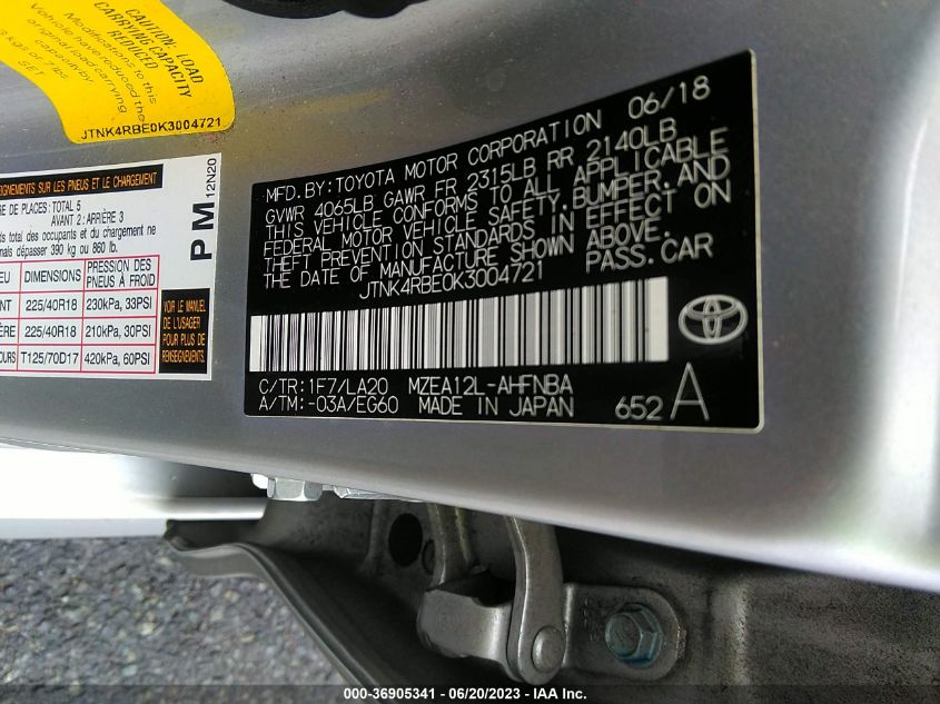 2019 TOYOTA COROLLA HATCHBACK SE/XSE JTNK4RBE0K3004721