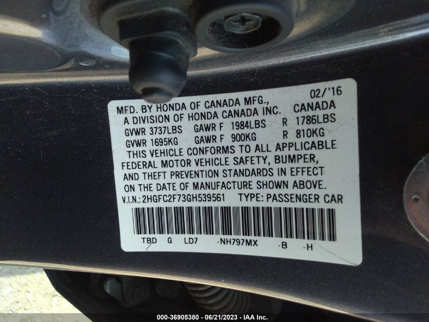 2016 HONDA CIVIC SEDAN EX - 2HGFC2F73GH539561