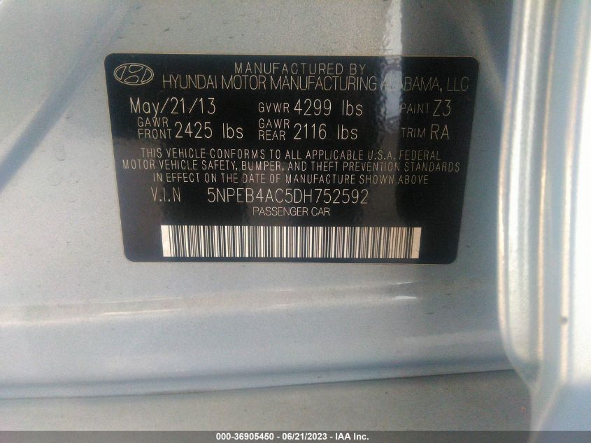 2013 HYUNDAI SONATA GLS - 5NPEB4AC5DH752592