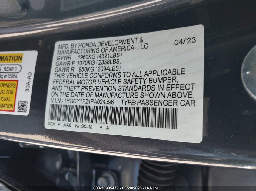 VIN 1HGCY1F21PA024396 2023 HONDA ACCORD SEDAN LX