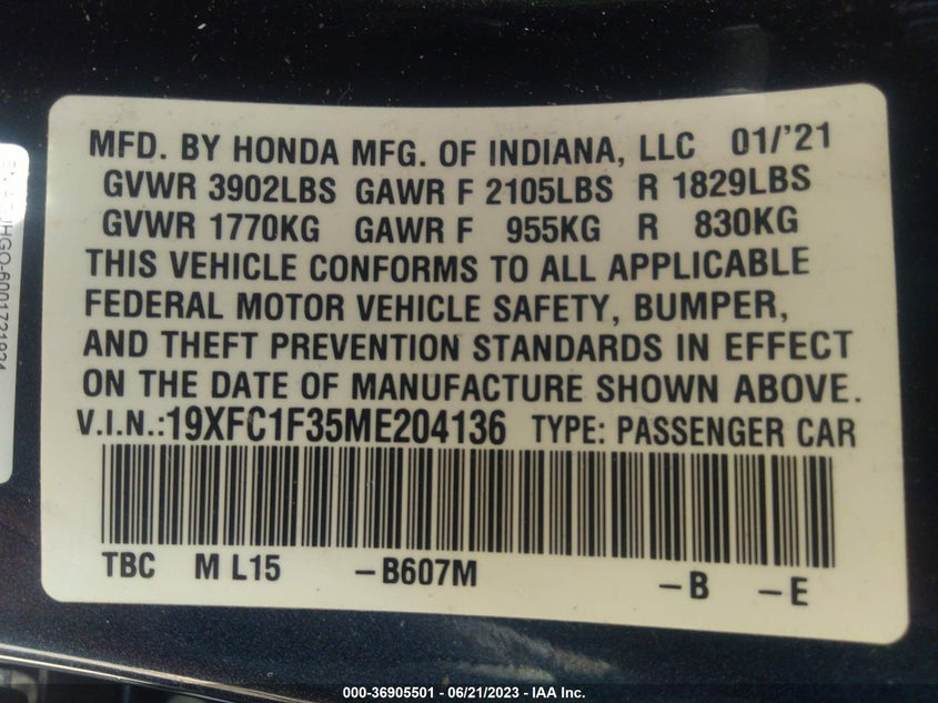VIN 19XFC1F35ME204136 2021 HONDA CIVIC SEDAN EX