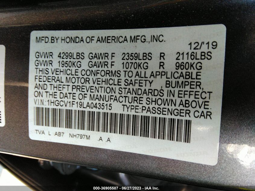 2020 HONDA ACCORD SEDAN LX - 1HGCV1F19LA043515