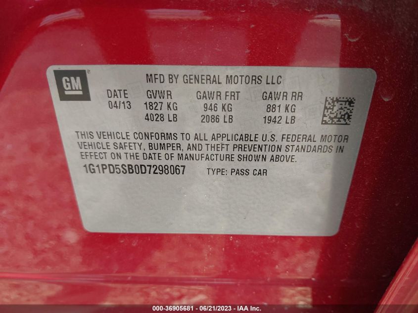 2013 CHEVROLET CRUZE 1LT - 1G1PD5SB0D7298067