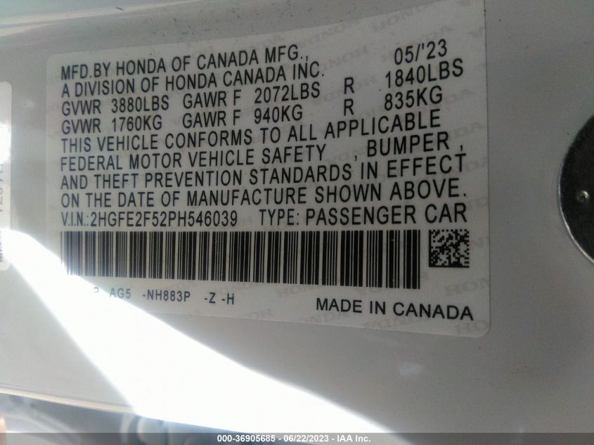 2023 HONDA CIVIC SEDAN SPORT - 2HGFE2F52PH546039