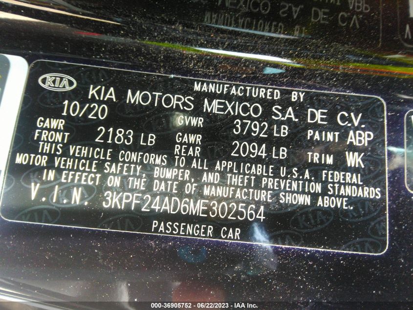 2021 KIA FORTE FE - 3KPF24AD6ME302564