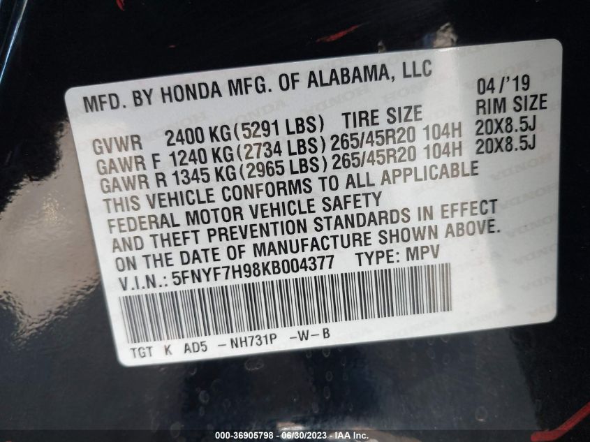 2019 HONDA PASSPORT TOURING 5FNYF7H98KB004377
