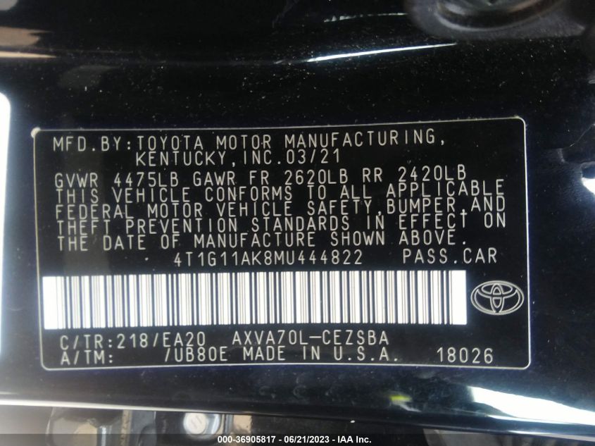 2021 TOYOTA CAMRY SE - 4T1G11AK8MU444822