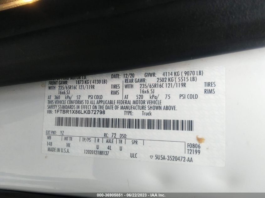 2020 FORD TRANSIT CARGO VAN - 1FTBR1X86LKB72798