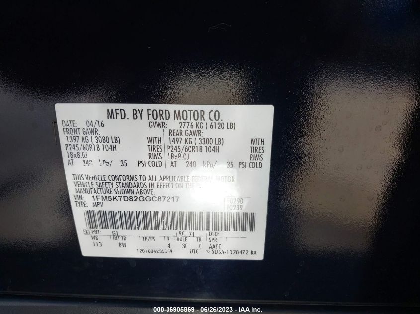 2016 FORD EXPLORER XLT - 1FM5K7D82GGC87217