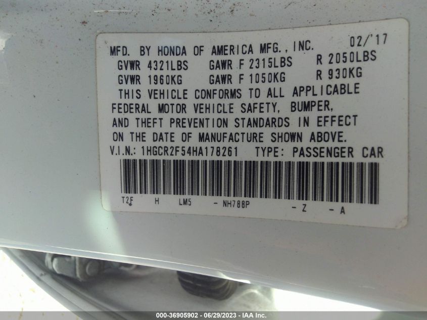 2017 HONDA ACCORD SEDAN SPORT - 1HGCR2F54HA178261