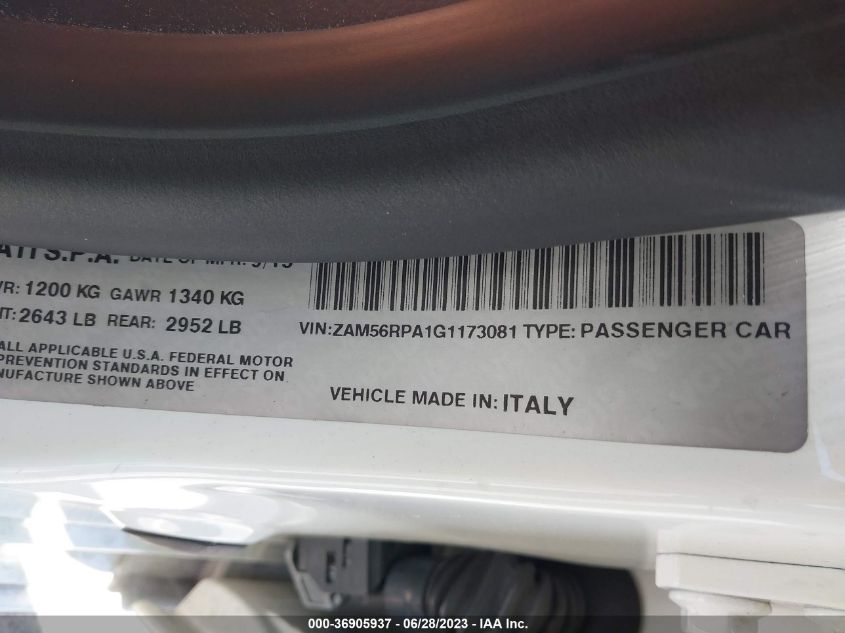 2016 MASERATI QUATTROPORTE S ZAM56RPA1G1173081